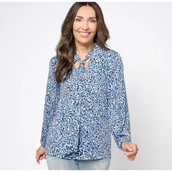 Susan Graver Tops - Susan Graver Slate Blue Printed Liquid Knit Mock-Neck Top w/ Tie Detail Size S